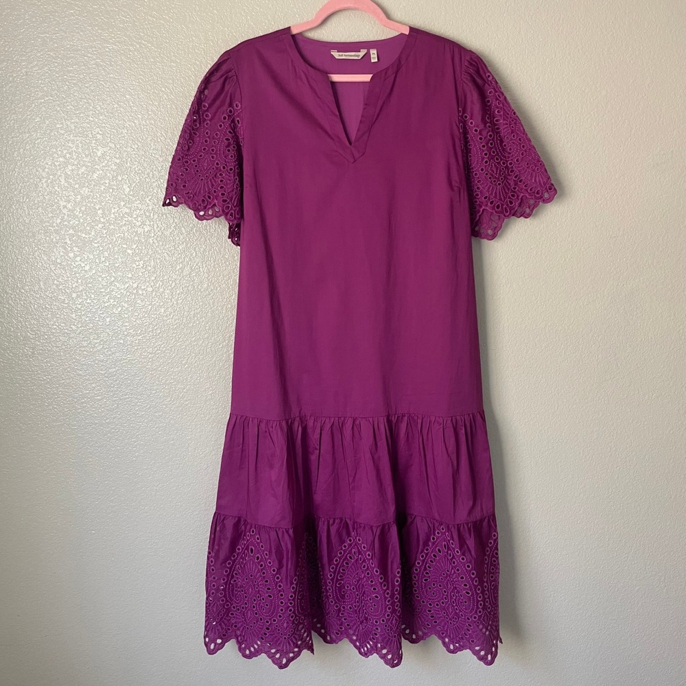 Soft Surroundings Dress XL Petite Purple Midi Eyelet Tiered Belted Cotton Pocket - Picture 3 of 12